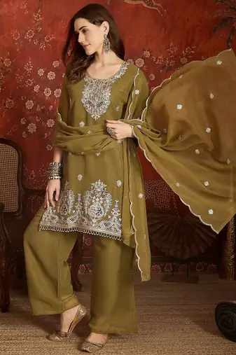 Mahendi color simmer lining jari fabric beautiful partywear readymade suit