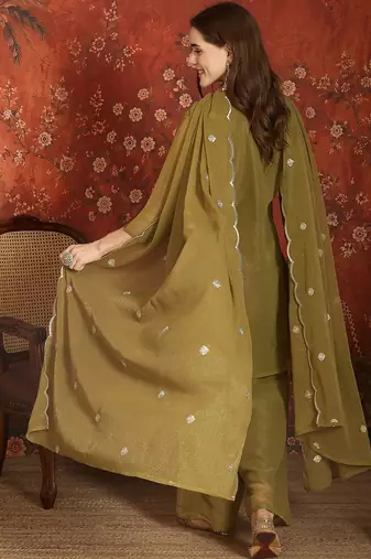 Mahendi color simmer lining jari fabric beautiful partywear readymade suit