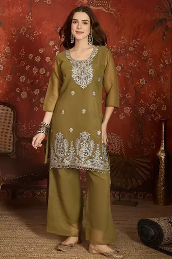 Mahendi color simmer lining jari fabric beautiful partywear readymade suit