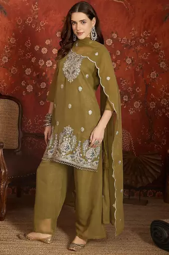 Mahendi color simmer lining jari fabric beautiful partywear readymade suit