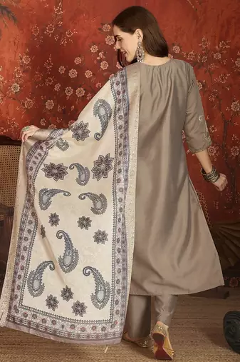 Grey color roman silk fabric designer casual looks kurta set for girls