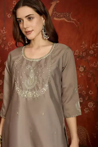Grey color roman silk fabric designer casual looks kurta set for girls