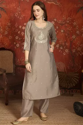 Grey color roman silk fabric designer casual looks kurta set for girls