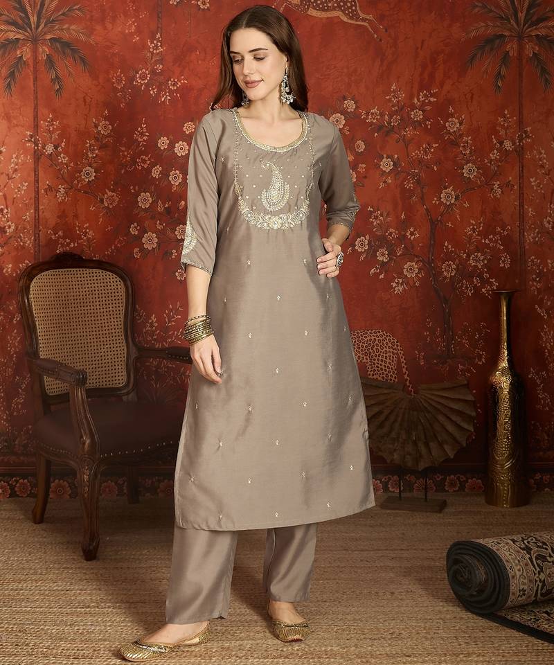 Grey roman silk kurta set