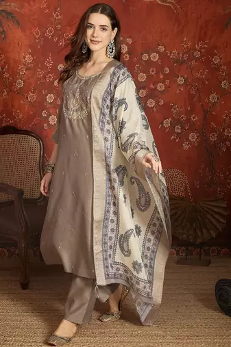 Grey color roman silk fabric designer casual looks kurta set for girls