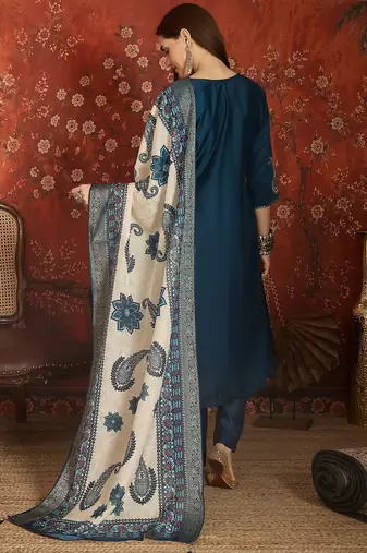 Blue color roman silk fabric designer casual looks kurta set for girls