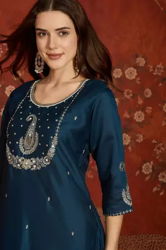 Blue color roman silk fabric designer casual looks kurta set for girls