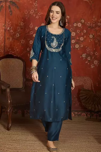 Blue color roman silk fabric designer casual looks kurta set for girls