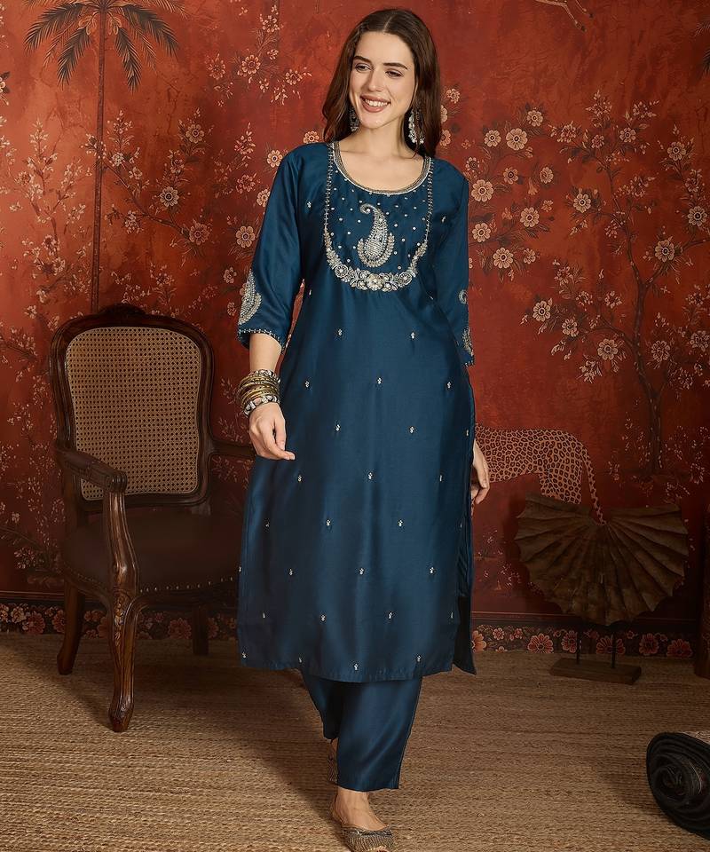 Blue roman silk kurta set