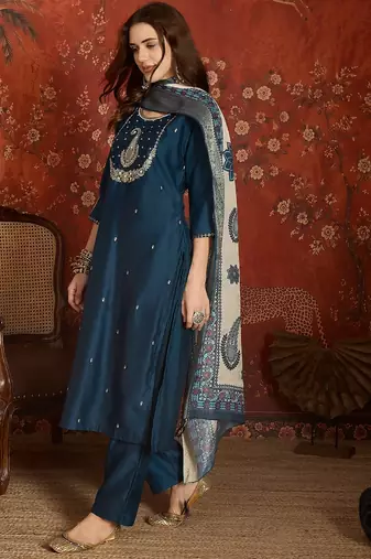 Blue color roman silk fabric designer casual looks kurta set for girls