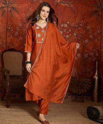 Orange roman silk kurta set 1