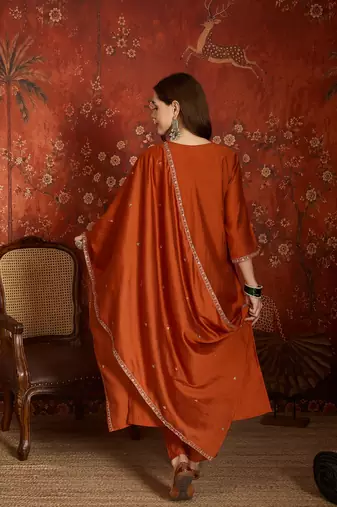 Orange color roman silk fabric designer casual looks kurta set for girls