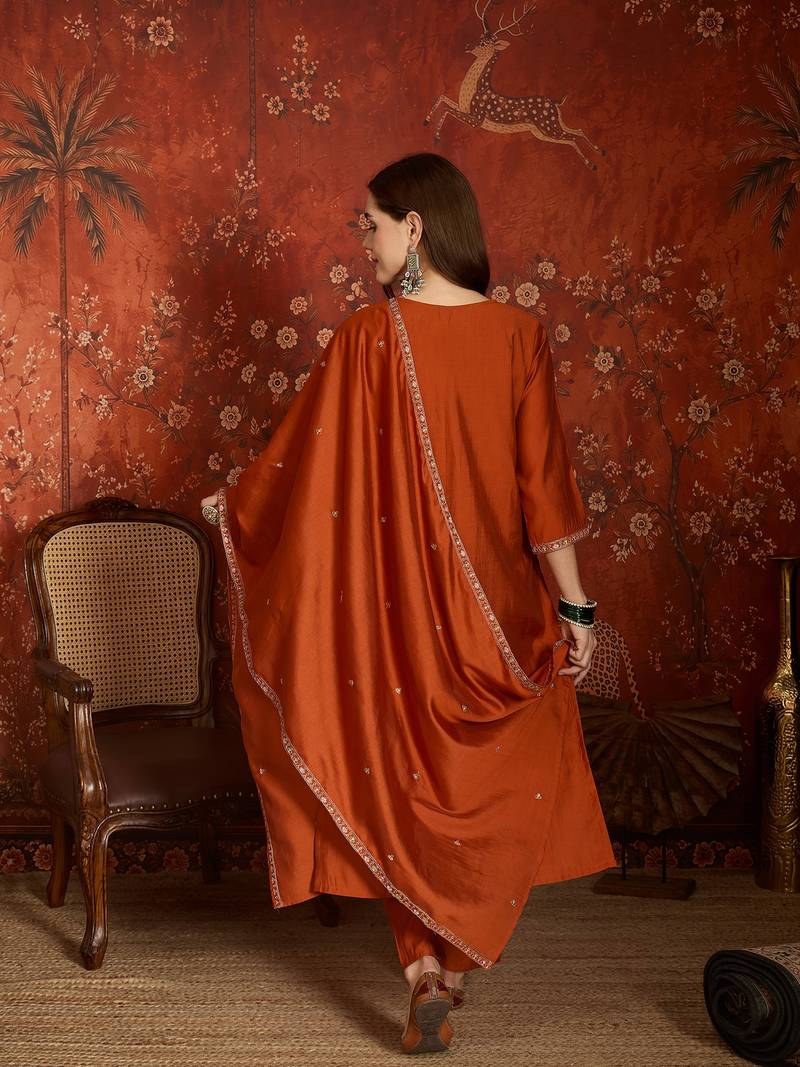 Orange roman silk kurta set