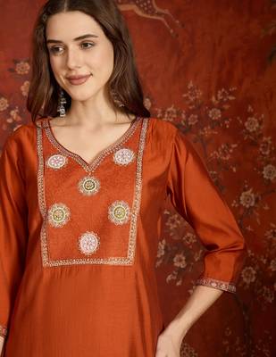 Orange roman silk kurta set 3