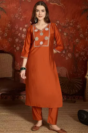Orange color roman silk fabric designer casual looks kurta set for girls
