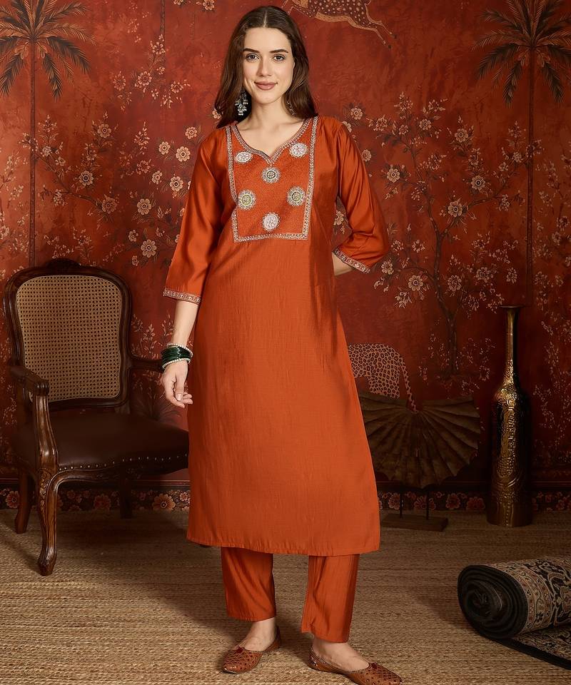 Orange roman silk kurta set