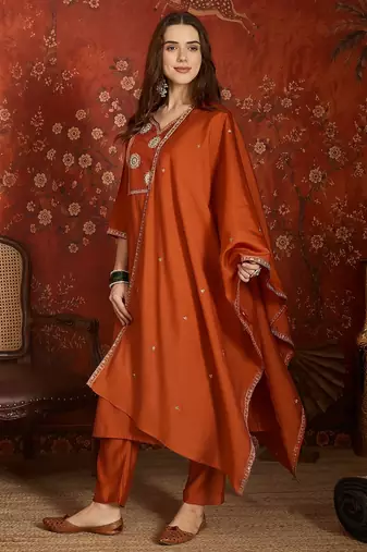 Orange color roman silk fabric designer casual looks kurta set for girls