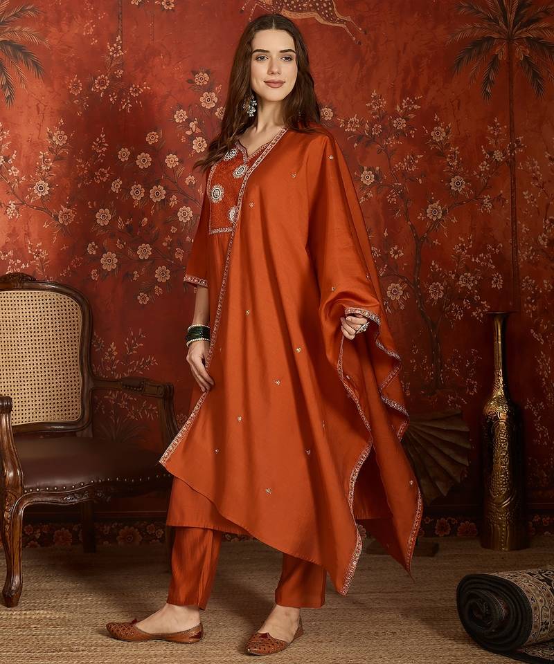 Orange roman silk kurta set