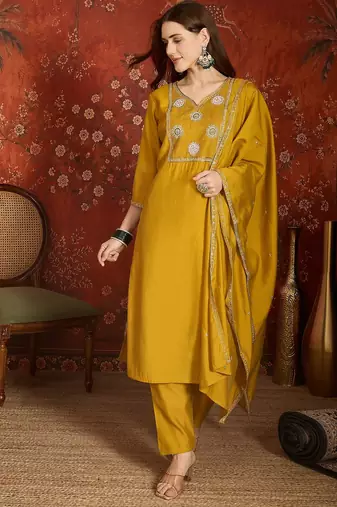 Mustard color roman silk fabric designer casual looks kurta set for girls