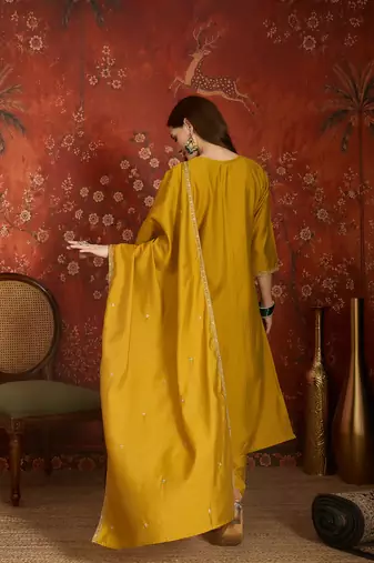 Mustard color roman silk fabric designer casual looks kurta set for girls