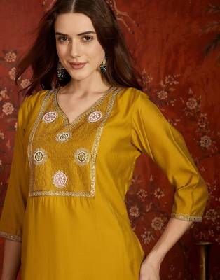 Mustard roman silk kurta set 3