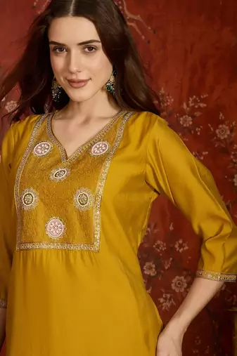 Mustard color roman silk fabric designer casual looks kurta set for girls