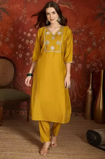 Mustard color roman silk fabric designer casual looks kurta set for girls