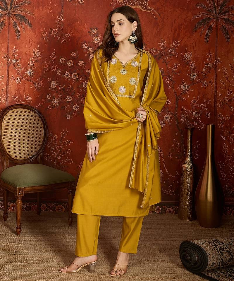 Mustard roman silk kurta set