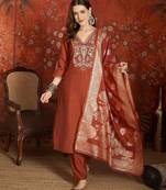 Rust color roman silk fabric designer casual looks kurta set for girls