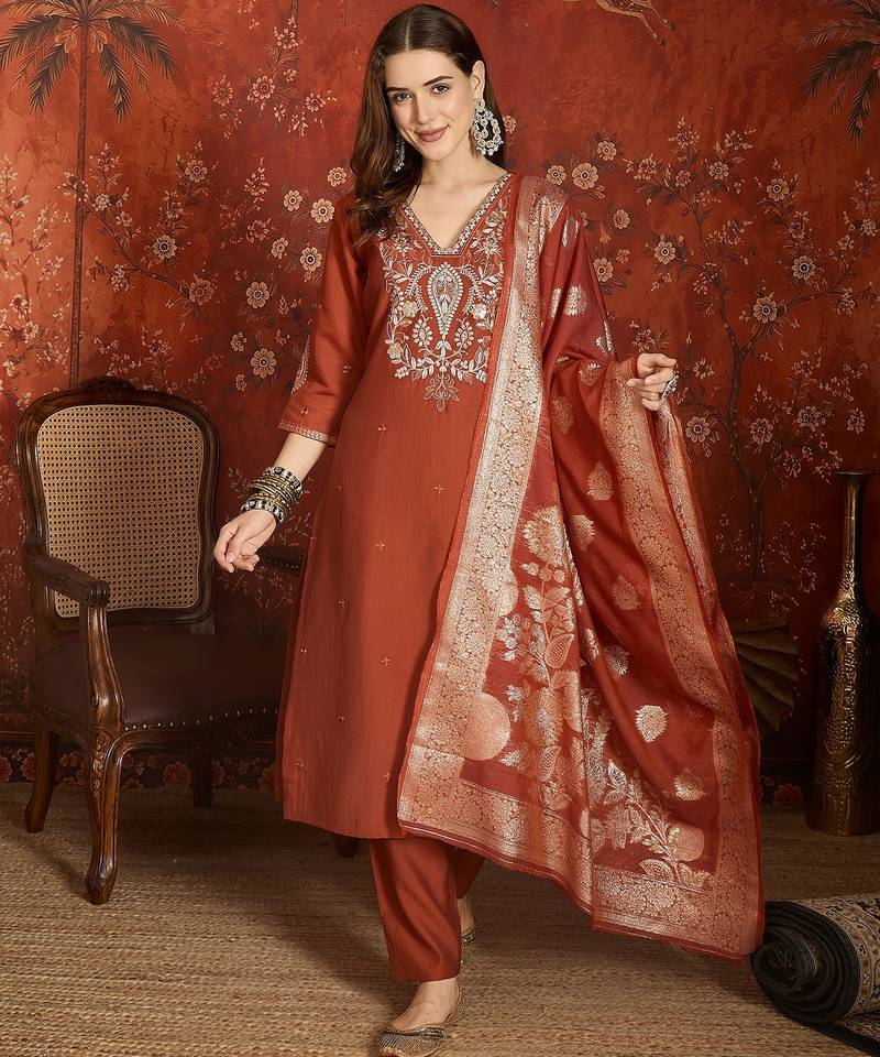 Rust color roman silk fabric designer casual looks kurta set for girls