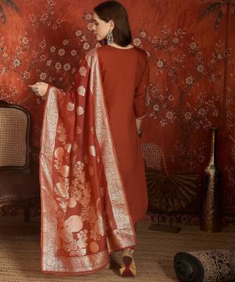 Rust color roman silk fabric designer casual looks kurta set for girls 2