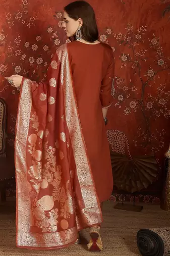 Rust color roman silk fabric designer casual looks kurta set for girls