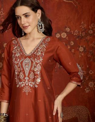 Rust color roman silk fabric designer casual looks kurta set for girls 3