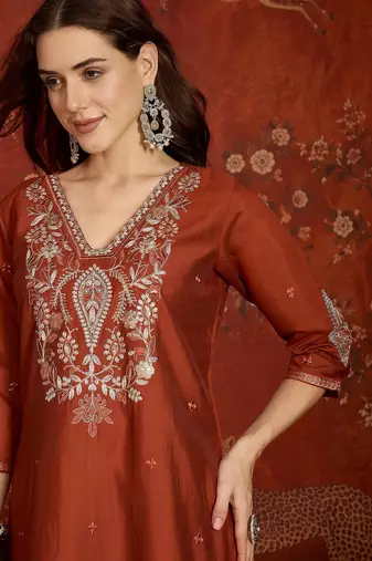 Rust color roman silk fabric designer casual looks kurta set for girls