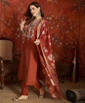 Rust color roman silk fabric designer casual looks kurta set for girls 4