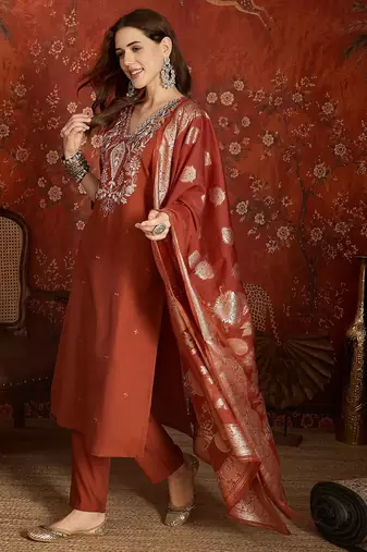Rust color roman silk fabric designer casual looks kurta set for girls