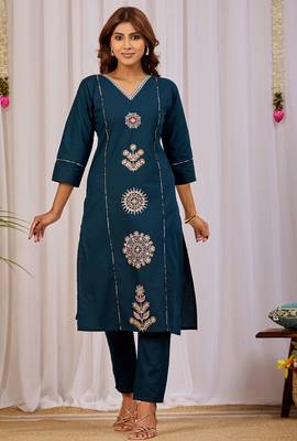Teal blue dhabu cotton kurta set 1