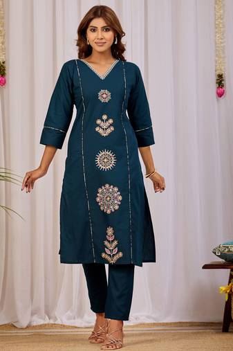 Teal blue dhabu cotton kurta set