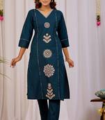 Teal blue dhabu cotton kurta set