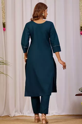 Teal blue color dhabu cotton fabric designer casual looks kurta set for girls