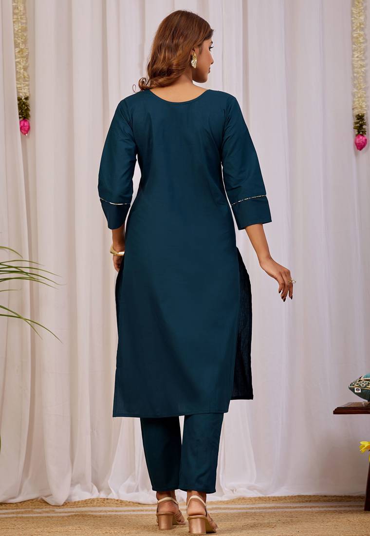 Teal blue dhabu cotton kurta set