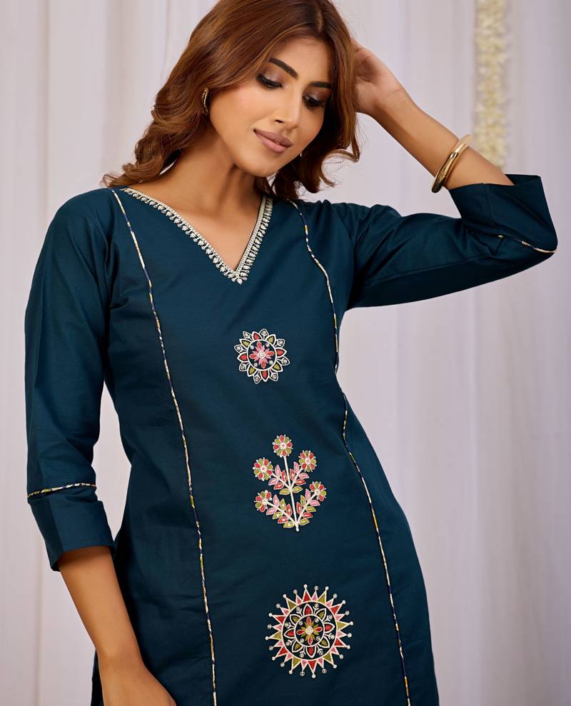 Teal blue dhabu cotton kurta set