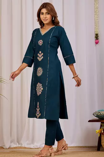 Teal blue color dhabu cotton fabric designer casual looks kurta set for girls