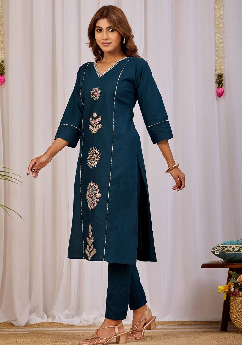 Teal blue dhabu cotton kurta set
