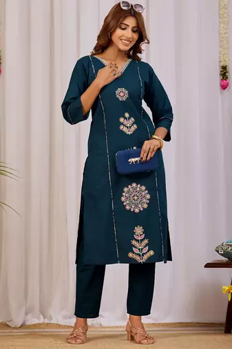 Teal blue color dhabu cotton fabric designer casual looks kurta set for girls