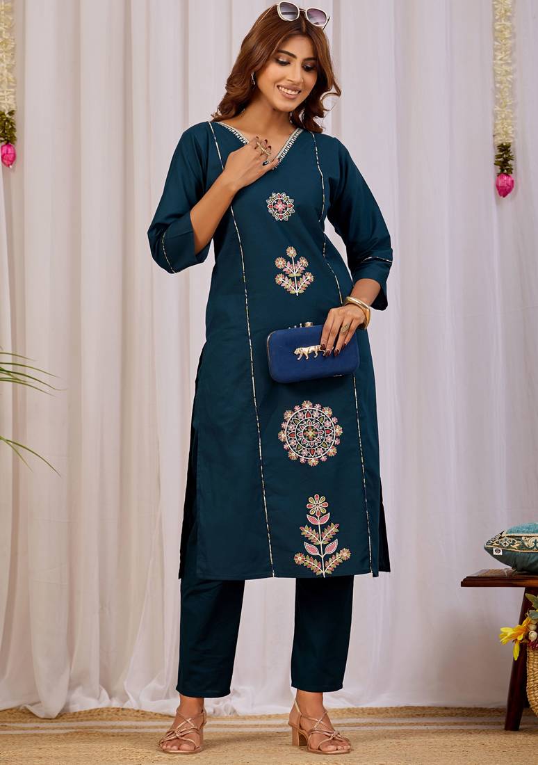 Teal blue dhabu cotton kurta set
