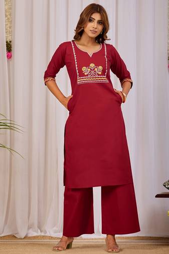 Maroon dhabu cotton kurta set