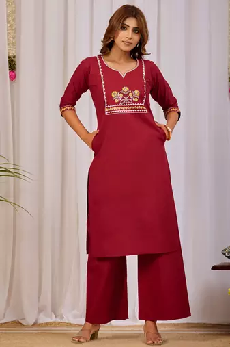 Maroon color dhabu cotton fabric designer casual looks kurta set for girls