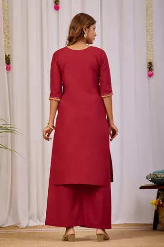 Maroon color dhabu cotton fabric designer casual looks kurta set for girls