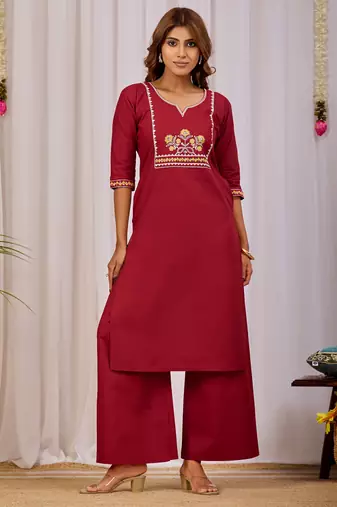 Maroon color dhabu cotton fabric designer casual looks kurta set for girls